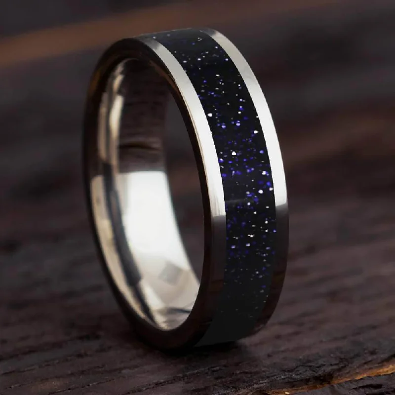 women's ring statement piece -Tungsten Ring With Blue Goldstone Inlay