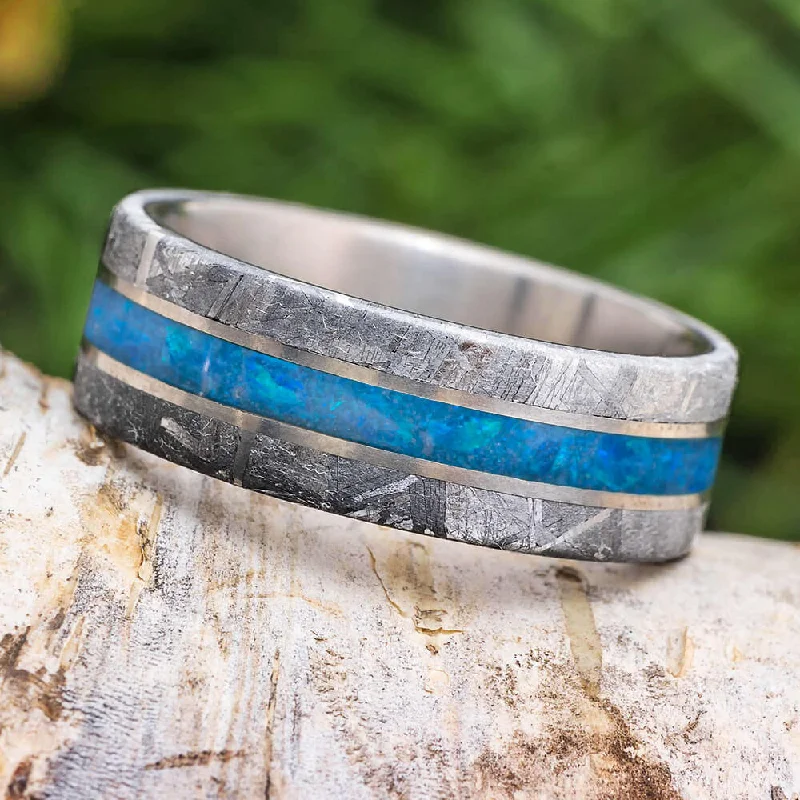 women's ring double band -Blue Men's Ring with Meteorite Edges in Matte Titanium