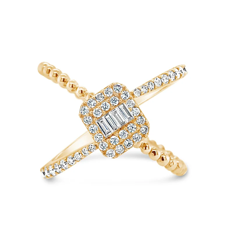 women's ring bold design -Diamond Criss-cross with Baguette Center Fashion Ring