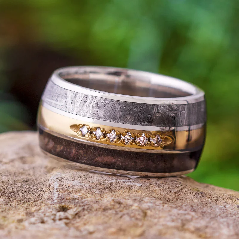 women's ring thin band -Men's Platinum Band with Meteorite, Dinosaur Bone, and Diamonds