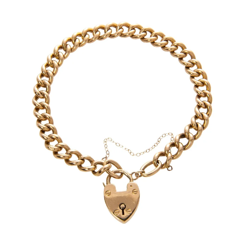 women's bracelets sun and moon -Victorian 18K Gold Heart Padlock Curb Link Bracelet