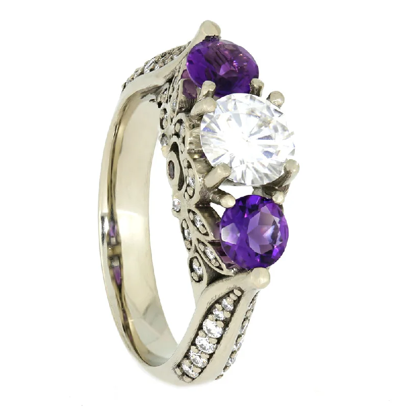 women's ring personalized initials -Three Stone Floral Prong Ring With Accented Shank