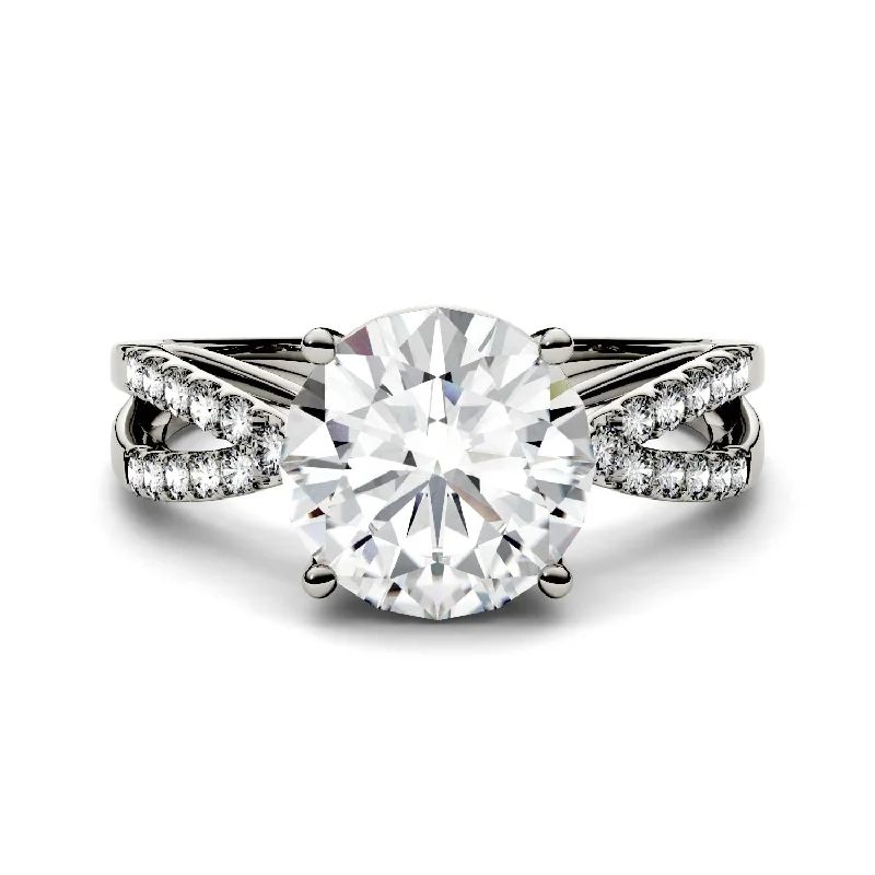 women's ring dainty everyday wear -Charles & Colvard Moissanite Split Shank Ring in White Gold