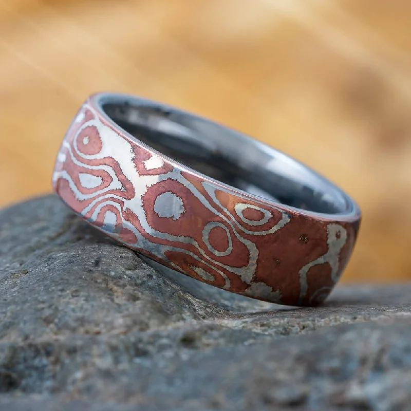 women's ring boho style -Copper And Silver Mokume Gane Ring With Titanium