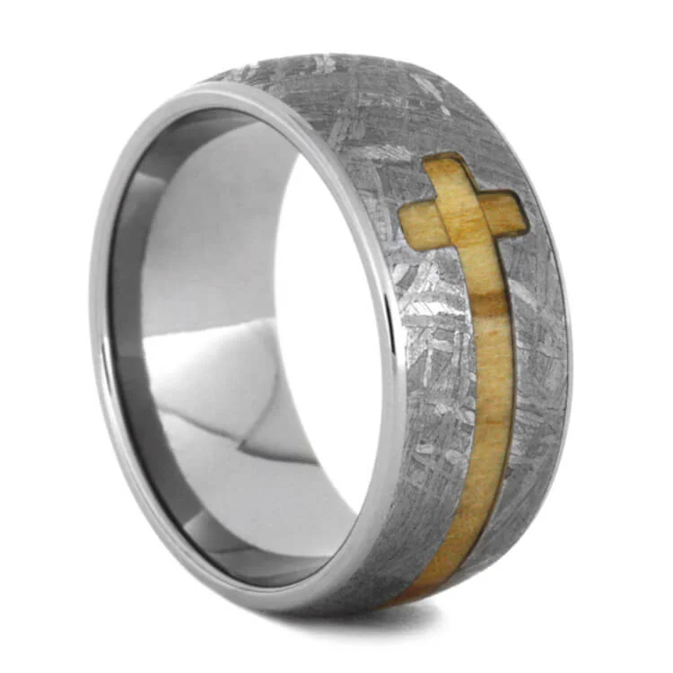 women's ring art deco -Olive Wood Cross Ring, Gibeon Meteorite Ring in Titanium