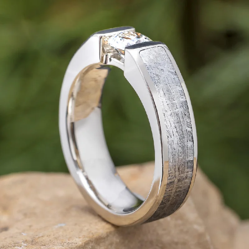 women's ring modern look -Tension Set White Sapphire Ring with Meteorite in White Gold