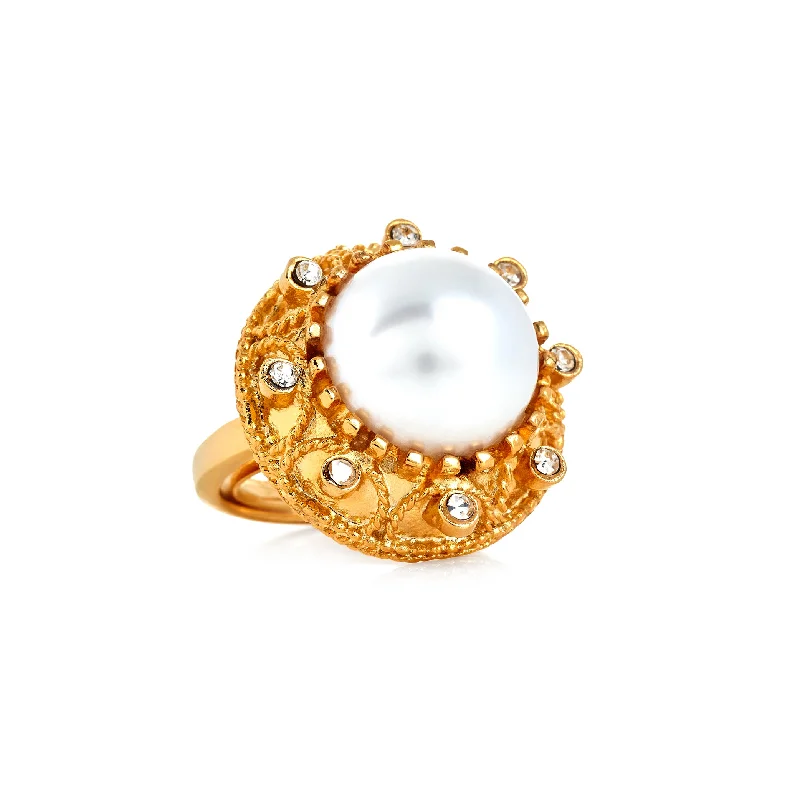 women's ring everyday wear -Gold Crystal and Pearl Cabochon Ring