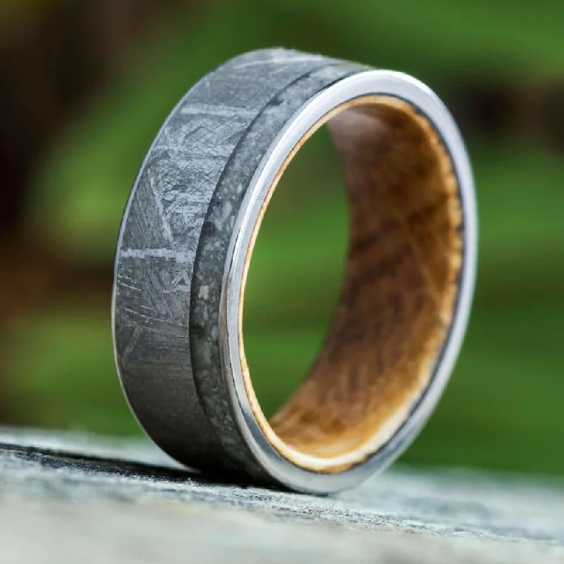 women's ring silver and gold mix -Memorial Ring With Meteorite And Whiskey Barrel Oak Sleeve