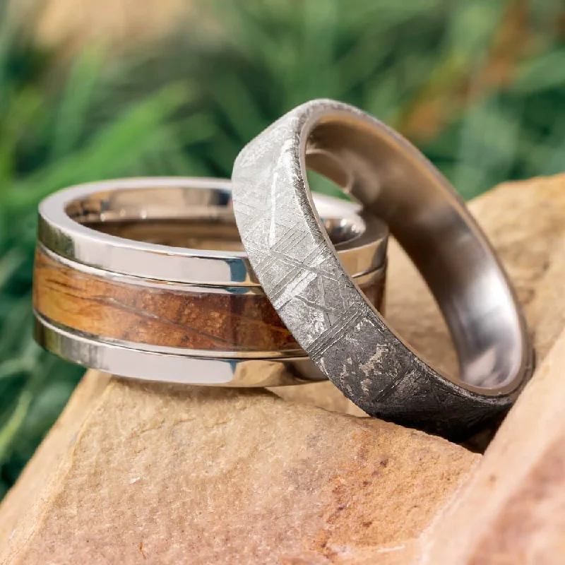 women's ring for formal occasions -Modular Titanium Ring Set with Whiskey Barrel Oak & Meteorite Inlays