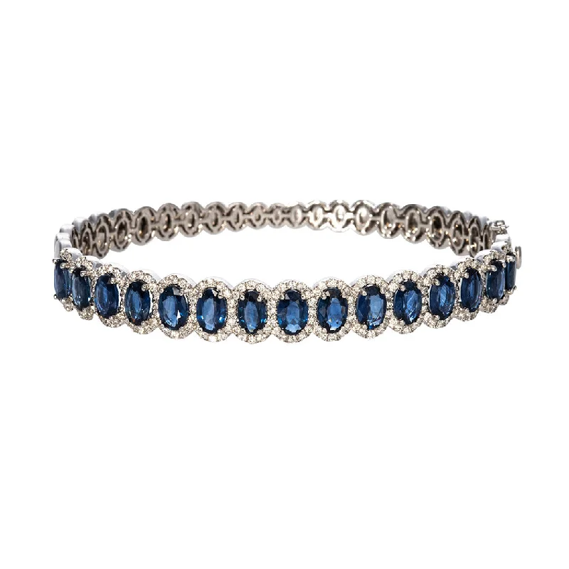 women's bracelets high fashion -Oval Sapphire & Diamond Halo 14K White Gold Bangle