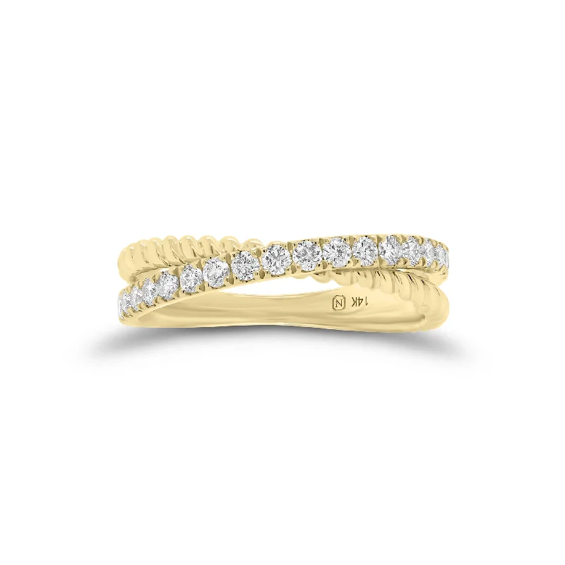 women's ring double band -Diamond & Twisted Gold Crossover Ring