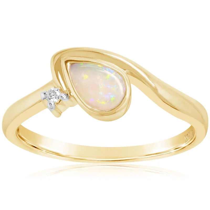 women's engagement rings solitaire -Pear Shape Opal & Diamond Ring