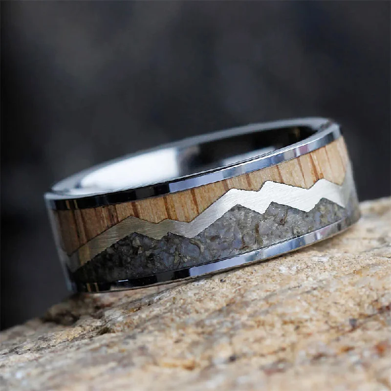 women's ring set -Crushed Dinosaur Bone & Oak Wood Mountain Design Ring