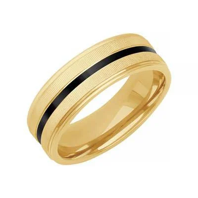 women's engagement rings vintage gold -Goldman 7MM Coin Edge Texture Wedding Band with Ceramic Inlay in 14K Yellow Gold and Deep Black Ceramic