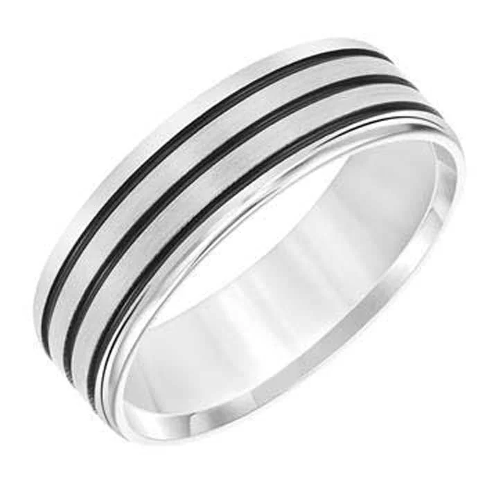 women's engagement rings handcrafted silver -Goldman 7MM Men's Wedding Band with Grooved Lines Satin and Polished Finish 14K White Gold