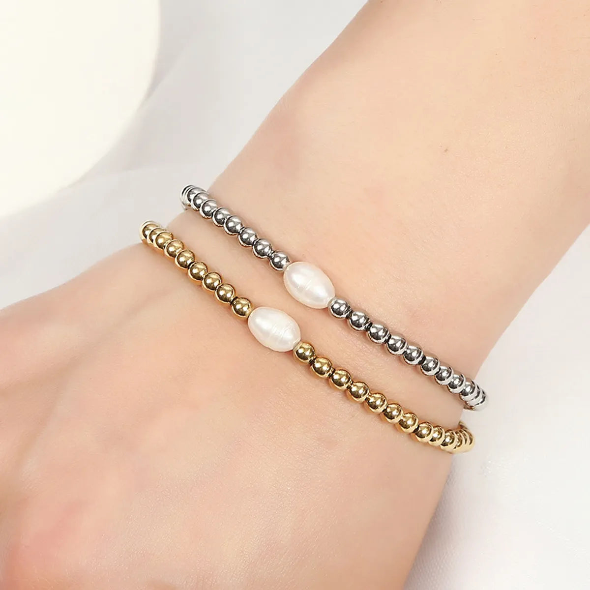 women's bracelets nature inspired -Elegant Round Stainless Steel Freshwater Pearl Plating Gold Plated Bracelets