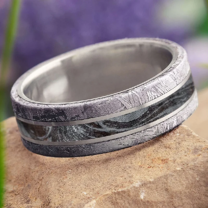 women's ring with initials -Authentic Meteorite Ring with Black and White Mokume Gane