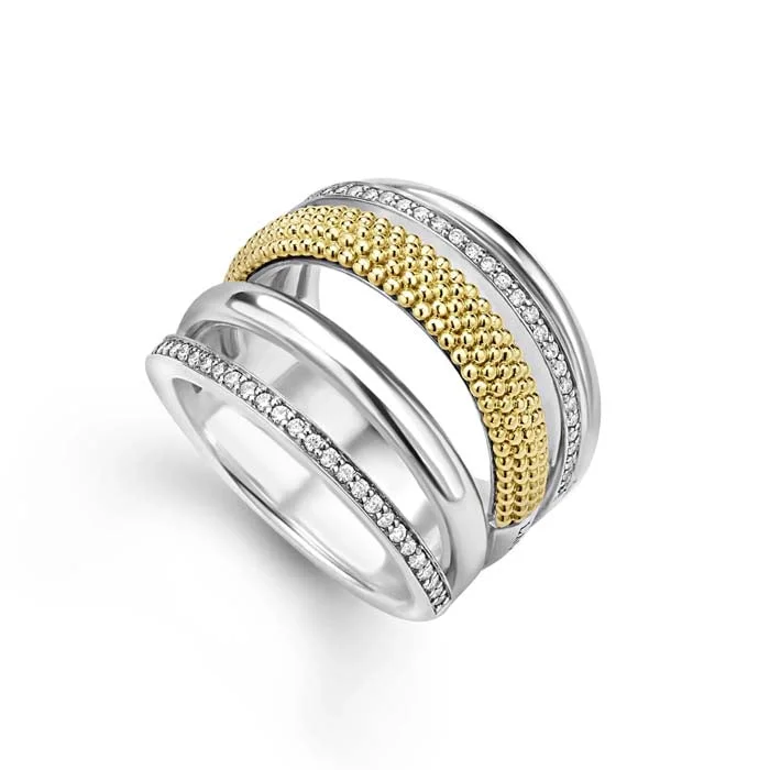 women's engagement rings ethically sourced -Lagos .29CTW Two-Tone Five Row Diamond Ring in Sterling Silver and 18K Yellow Gold