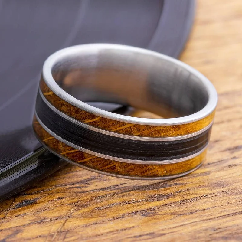 women's ring gothic band -Men's Vinyl Record Ring with Whiskey Barrel Wood