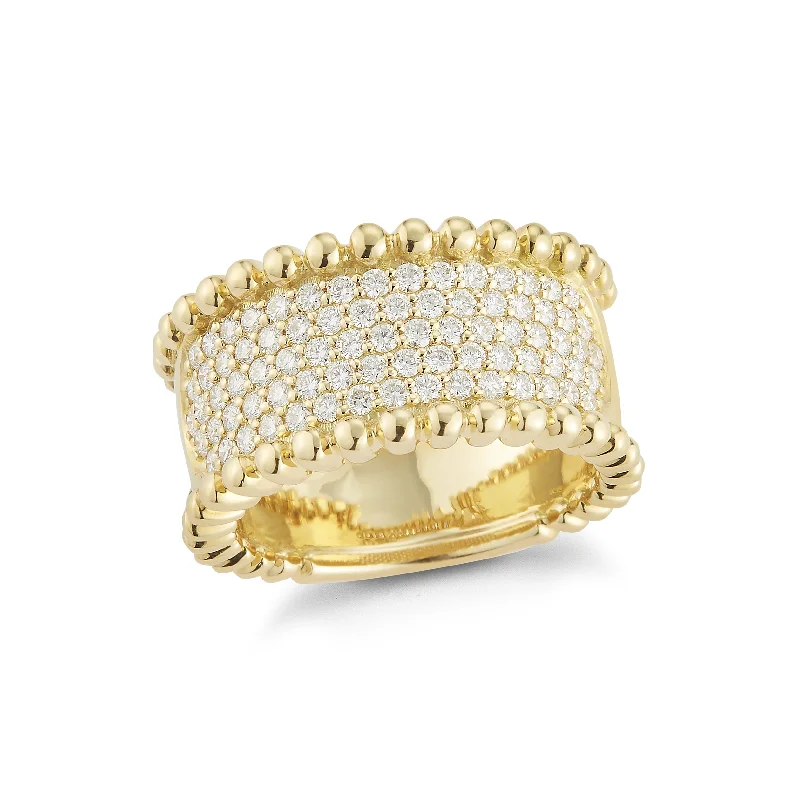 women's ring trendy styles -Wide Diamond Band with Gold Bead Edge