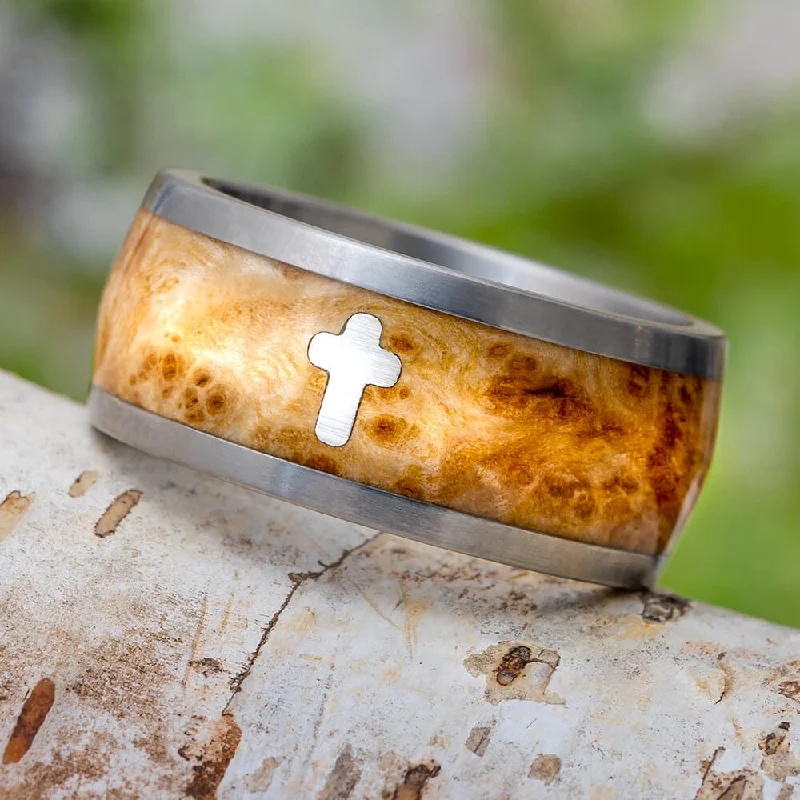 women's ring classic solitaire -Faith Jewelry, Sterling Silver Cross Ring with Black Ash Burl-2024